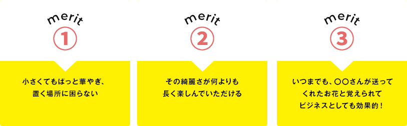 ・小さくてもぱっと華やぎ、置く場所に困らない・その綺麗さが何よりも長く楽しんでいただける・いつまでも、〇〇さんが送ってくれたお花と覚えられてビジネスとしても効果的！